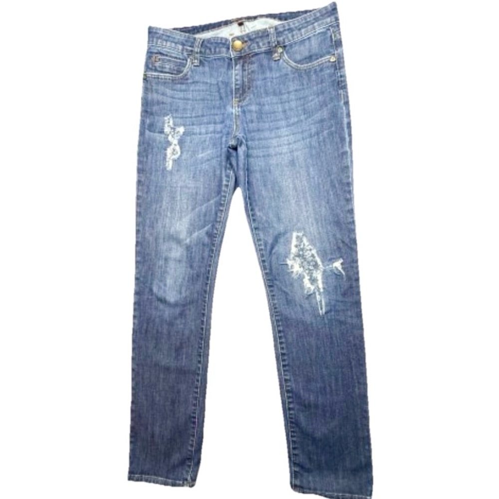Kut From the Kloth Medium Wash Blue Straight Leg Jeans Distressed, Patched Sz 6😍